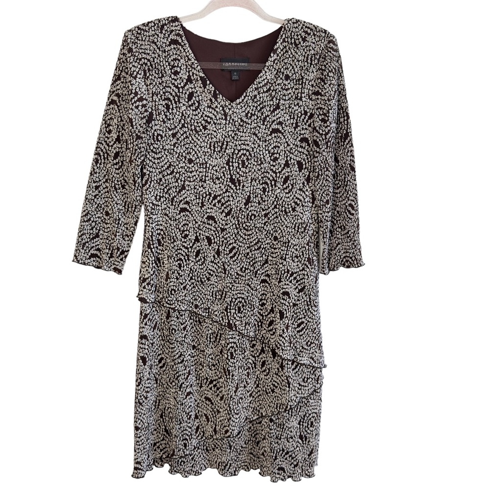 90s Vintage Brown Sliky Pleated Crinkle Tiered Floral Dress